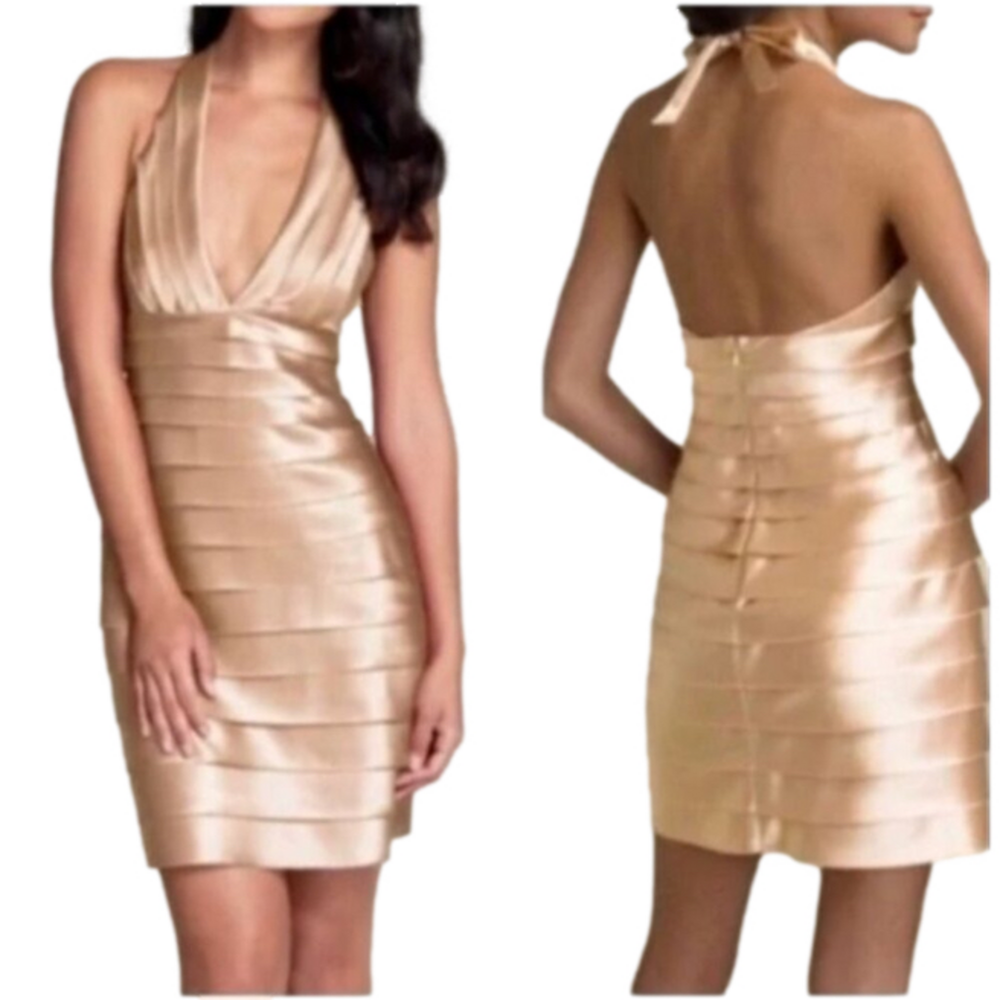 BCBGMaxAzria Bandage Halter Dress 6 Gold Tiered Wedding Party Cruise